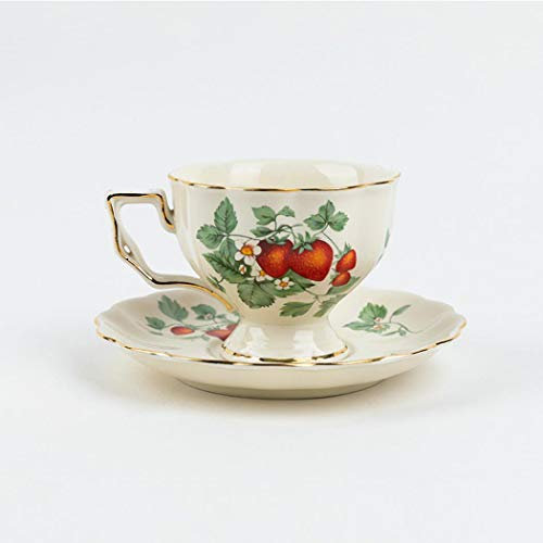 Tmore Tea Cup and Saucer Set, Strawberry Pattern 7.4 oz / 220 ml Ceramic Coffee Mug with Saucer and Spoon, Vintage Coffee Cup with Gold Trim for Women