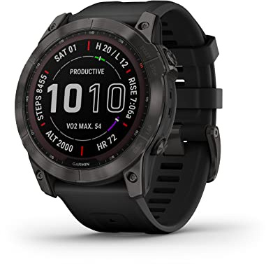 Garmin Fenix 7X Sapphire Solar, Larger Adventure smartwatch, with Solar Charging Capabilities, Rugged Outdoor Watch with GPS, Touchscreen, Wellness Features, Carbon Gray DLC Titanium with Black Band