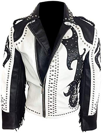 Suiting Style Herren Vintage Schwarz und Weiß Spike Nieten Punk Biker Motorrad Fransen Echtleder Jacke, schwarz / weiß, M