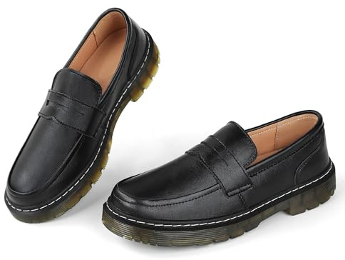 CLAKBLRG Women's Loafers Leather Classic Penny Loafers Platform Chunky Heel Comfort Womens Business Casual Shoes Black,8 US