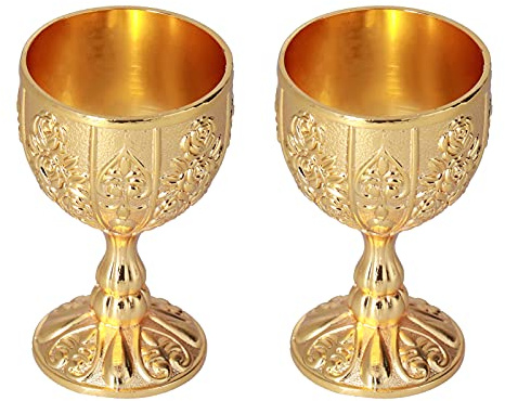Wakects Copas de Vino de Metal Vintage Medievales con Flor en Relieve, Estilo Europeo, Dorado, 2 Unidades