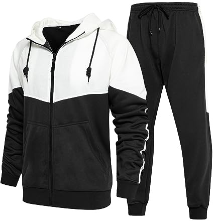 AOTORR Mens Tracksuit Set Full Zip Hooded Jacket Jogging Tops Bottoms Sweatshirt Suit with Pockets TZ95 Black White M