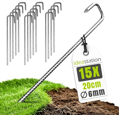 idea-station Zeltheringe 15 Stück - 20 cm lang - Ø 6 mm - rostfreie Erdnägel aus Bewehrungs-Stahl - stabile Heringe für Zelte und Camping