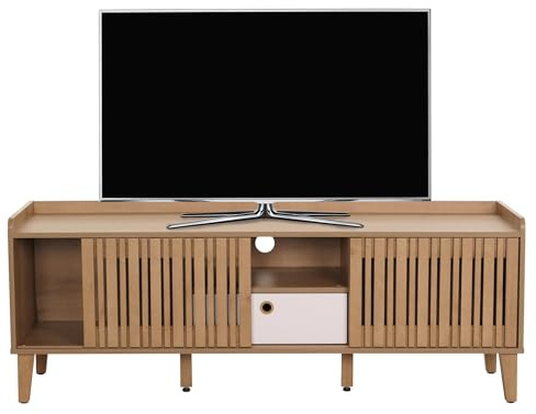 Meuble TV HWC-M48, Buffet TV 56x150x40cm Naturel tiroir Blanc