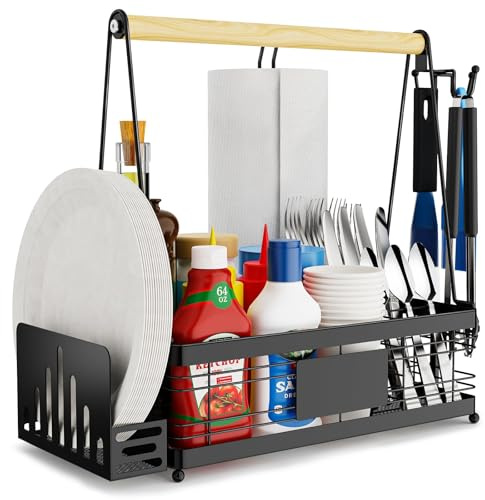 GUIBUKEYAN Grill Caddy with Plate Holder and Paper Towel Holder, Picnic BBQ Condiment Utensil Organizer Caddy for Outdoor Cooking, Camping Essential, Camper Must Haves, Grilling Gifts for Men