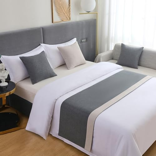 HLASMSPE Camino de cama de algodón y lino, cubrecama decorativo, bufanda de cama, funda de cama moderna, protección para hotel, boda, gris y blanco, camino de cama de 50 x 210 cm para cama de 1,5 m