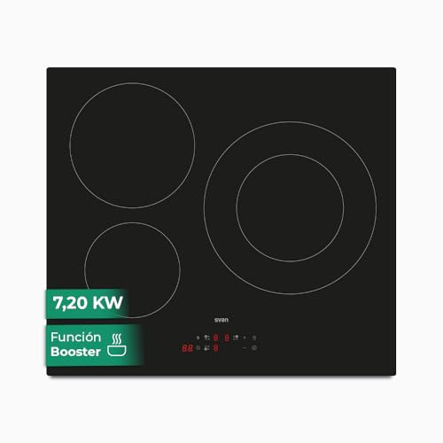 Svan Table à Induction Verre noir, SI3601. 3 Zones de Cuisson, 7200 W, 9 Niveaux de Cuisson, Contrôle Tactile, Booster de Puissance, Verrouillage, Minuteur