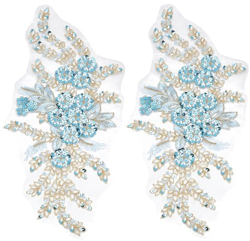 CABODYALS 2 stycken 3D-blommor paljetter applikation broderi spets blommor tyll patch polyester himmelsblå med pärlor broderade för att sy på, göra dekorationstillbehör för bröllopshanddukar och