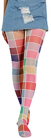 Fexofao Vintage 60s Colored Funky Tights for Women, Y2K Tie Dye Mesh Pattern Stockings, Y2K Fishnet Funky Leggings Streetwear (Plaid, ONE SIZE)