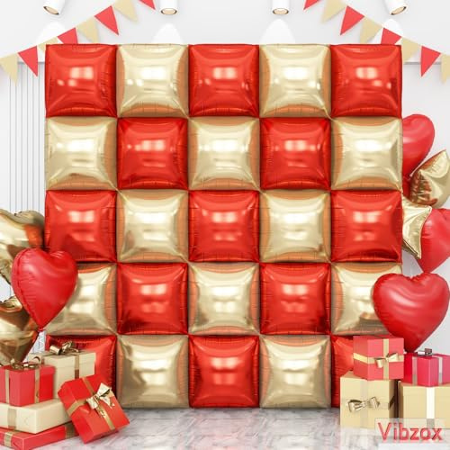 Red and Gold Square Foil Balloons Wall, Double Sided Chrome Light Gold and Red Balloons Tunnel Arch Kit Backdrop for New Year 2026 Birthday Graduation Wedding Valentine's Day Party Decorations