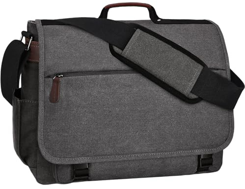 Eshow Umhängetasche Herren Wasserabweisend, Laptoptasche 15,6 Zoll aus Echtleder und Canvas, Messenger Bag Arbeitstasche Schultertasche Vintage für Arbeit Uni Freizeit Büro Grau