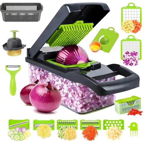 16-in-1 Multifunctional Vegetable Chopper with Container, Kitchen Mandoline Slicer, Cheese Grater, Dicer & Potato Cutter, Stainless Steel Blades, Hand Guard & Drain Basket for Salad Onion Fruit