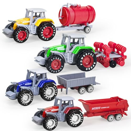 4 Pack Farm Tractor Toys with Trailer, Diecast Detachable Tractors Truck | Alloy Toy Truck Cars for 2 3-8 Year Olds, Farm Vehicles Playset Toy for Boys Girls Birthday Gifts Cake Toppers Decorations