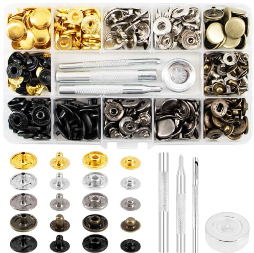 BORISCA 320 Piezas Corchetes de Presion Metalicos 15mm Remaches para Cuero con 4 Herramientas de Sujeción Botones de Presion para Vaqueros, Bolso 5 Colores Remaches Cuero Para DIY Kit Broches Presión