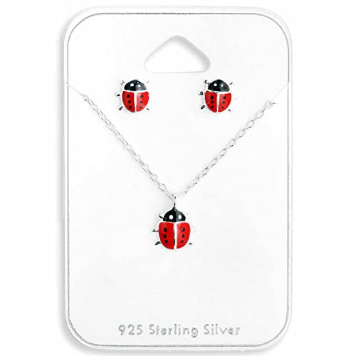 Monkimau Mädchen Halskette Marienkäfer Glücksbringer Anhänger aus 925 Sterling Silver echt Silber mit Ohrstecker Set Emaille Rot Schwarz 39cm Kette