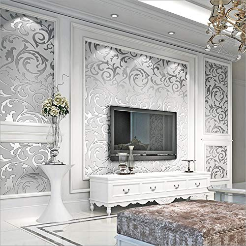 Q QIHANG Modern Simple 3D European Style Vetch Leaf Fabric Non-Woven Living Room TV Background Non-Pasted Wallpaper 1.73' W x 32.8'L (Silver)