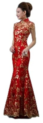 HXSZWJJ Abito Tradizionale Manica Rosso Cinese Abito da Sposa Femminile Long Short Cheongsam Oro Slim Cinese for la Festa di Nozze Qipao Donne (Color : Red, Size : S.)
