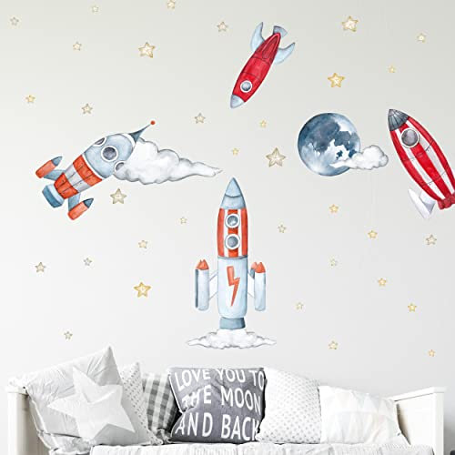 WANDKIND Raumschiff Wandtattoo Set V310 | handgezeichnet | AUFKLEBER Kindergarten | Wandsticker Kinderzimmer Weltraum Rakete Mondreise Sterne Planeten Mond Astronaut Raumschiffe (75 x 75 cm)