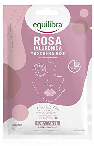 Equilibra Viso, Rosa Ialuronica Maschera Viso Idratante, Maschera in Tessuto 100% Naturale, Azione Idratante con Acqua di Rosa Fermentata, Acido Ialuronico, Olio di Avocado e Olio di Karité, Monodose