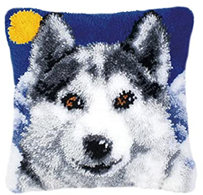 VIONNPPT Knüpfkissen Zum Selber Knüpfen, DIY Kissenbezug Knüpfen Kissen Hülle Sofakissenbezug, Knüpfkissen Set für Kinder Erwachsene, Latch Hook Kit 40cmx40cm (Sibirischer Husky)