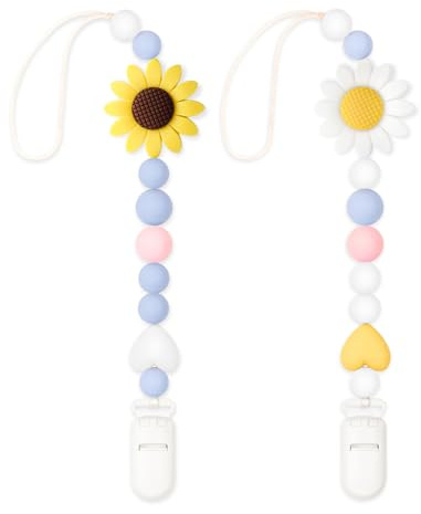 LSTRAGY Silicone Pacifier Clip, 2 Pack Pacifier Holder for Boys and Girls, Adorable Sunflower Pacifier Clips Fits for Most Pacifier, Baby Teethers, Baby Shower and Baby Gift(White&Yellow)
