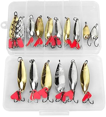 DONQL 16 Pezzi Set di Esche da Pesca, Cucchiaini da Pesca con Scatola, Esche da Pesca Cucchiai in Metallo, Spoon Trout Area, Cucchiaini Pesca per Bassi Trota Luccio d'Acqua Dolce e Mare