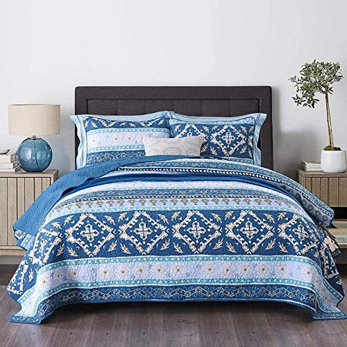 VVHUDA Gestepptes Tagesdecken-Set, doppelte Tagesdecke, Baumwolle, Blau, 220 x 240 cm, Steppkissen, Patchwork, bunt, Boho, 3-teilig, King-Size, multifunktionale Gesteppte Steppdecken, 100% Baumwolle,