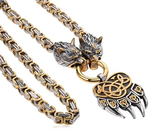 Flongo Wikinger Wolf Paw Kette: Wolfskopf Halskette Herren Silber Gold Edelstahl Damen massiv Königskette Amulett mit Viking Bear Paw Bärenklaue Anhänger Accessoires