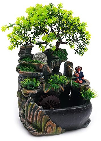 HINOPY - Fontana da interni, fontana da tavolo cascata con illuminazione a LED fontana in poliresina per soggiorno, camera da letto, ufficio