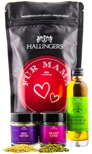 Hallingers Genuss Manufaktur Geschenkkorb Geschenkset Muttertag – Feinkost Mix mit Basilikum Olivenöl & Gewürz, in edler Wundertüte, besonderes Premium Gourmet Geschenk für Mama Mütter,Zum Muttertag