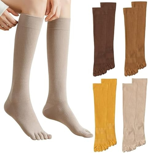 Aayahakawa 4 pares de calcetines de cinco dedos para mujer, calcetines de algodón para mujer con dedos para deportes y correr, calcetines largos casuales, calcetines de bota alta, calcetines hasta la