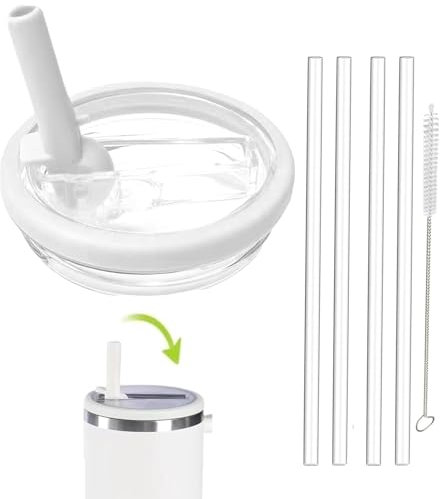 Leak Proof Lid for Stanley Cup,1 Pack 40 oz Tumbler Flip Straw Lid Replacement fit for Stanley Quencher 1.2L, Reusable Tumbler Cover Sets with 4 Straws and 1 Cleaning Brush