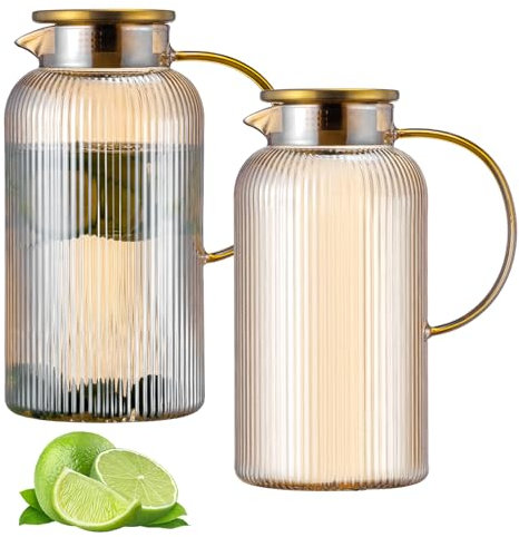 Buaic 2 PACK Glass Pitcher with Lid, 68 oz/ 2 Liter Amber Classic Vertical Stripes Water Pitcher,Glass Water Carafe for Cold Brew, Coffee, Lemonade, Iced Tea,Beverage, Heat Resistant Water Glass Jug