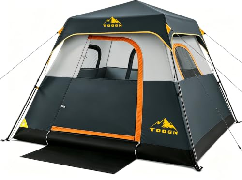 Toogh 3/4 Person Camping Tent with 1 Door, 4 Windows, and Upgraded Ventilation– Instant Setup, Waterproof, 8'x 8'x 67''Oxford Fabric Floor Pop Up in 60 Seconds Includes Rainfly and Backpack