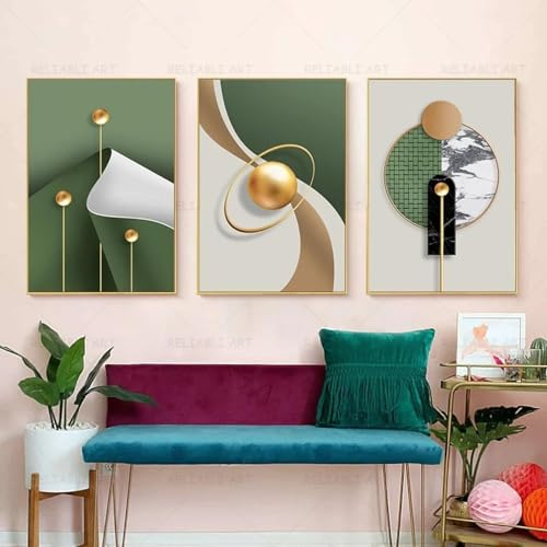 BMGKYAGL Nordisk grön guld solid geometri canvasmålning, abstrakta affischer, väggkonst för veranda, hall, heminredning, Cuadros 30 x 45 cm x 3 utan ram