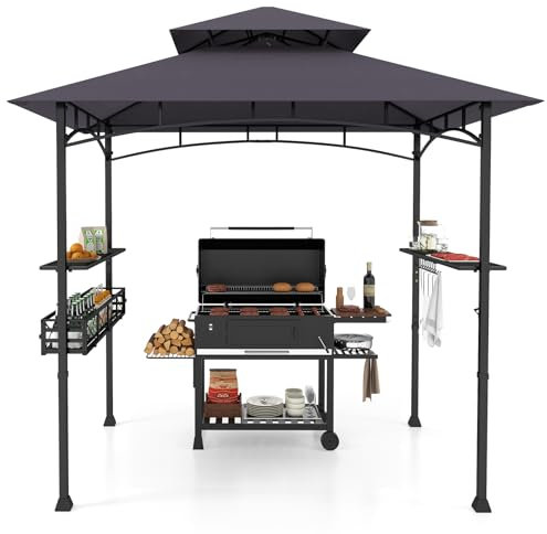 COSTWAY Tonnelle de Barbecue 242 x 153 cm avec 2 Etagères Latérales, Abri Barbecue Cadre en Métal avec Panier de Rangement Crochets de Suspension Décapsuleur Events, pour Jardin Cour (Gris Foncé)