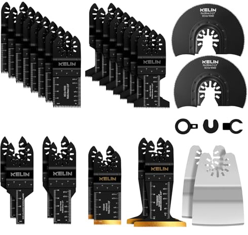 KELIN 28-teiliges Oszillier-Sägeblätter Set mit Titan-Beschichtung – Für Holz, Metall & Renovierung – Inkl. Stichsägeblätter (10/20mm), Kurvenschnitt & Schaber – OIS Kompatibel (Nicht Starlock)