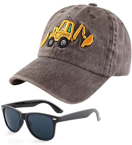Excavador Gorra de Béisbol Infantil, 2PCS Gorra de Visera con Gafas de Sol Baseball Cap Sombrero de Protección Solar Ajustable Sombrero de Verano Ligera Bordado Ajustable Snapback (Marrón)