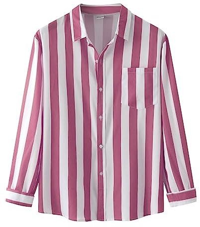 Chemises rayées pour hommes décontractées à manches longues avec poche à col montant de qualité supérieure pour les hommes soucieux du style, Rose, L