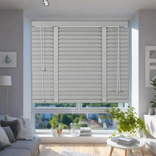 Faux Wood Window Venetian Blinds With String/Tape Design Child Safe 50MM Slats With Aluminium Headrail & Matching Facia For Living Room Garden House Kitchen Blinds(Gray)