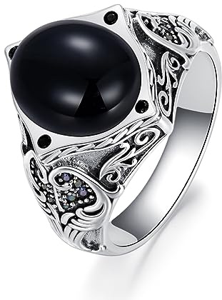 sigillring, 5ct svart oval ädelstensring 925 sterlingsilverring punk biker onyx storlek UK I-Z+6