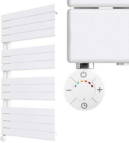 HEATSUPPLY® Design Handtuchheizkörper elektrisch weiß 1.222 x 600mm - Paneel Badheizkörper elektrisch mit Thermostat inkl. 600 Watt Heizstab No. 2 mit Timer