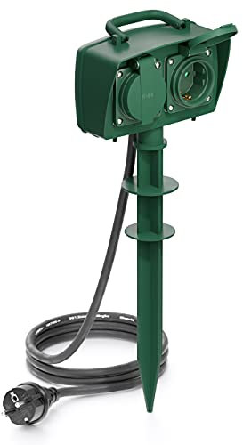 deleyCON 2-Fach Outdoor Steckdose mit Erdspieß, 2X Schutzkontakt-Buchse, Erhöhter Berührungsschutz, IP44 Spritzwassergeschützt, Witterungsbeständig, 1,4m Kabel für Garten & Terrasse