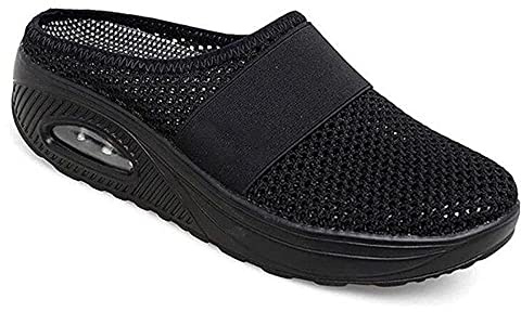 Eogrokerr Chaussures respirantes et décontractées à coussin d'air, chaussures orthopédiques à enfiler pour diabétiques pour femme, Noir , 39 EU