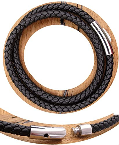 Lederkette Lederhalsband Kalbsleder aus sechs Bändern geflochten Ø 6mm Schwarz Edelstahl Verschluss für Herren & Damen TOP (M (46 cm))