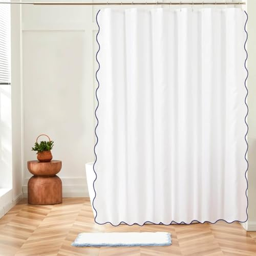 White with Navy Blue Scalloped border Shower Curtains 72 x 72 Rustic Shower Curtain or Modern Shower Curtain Bathroom Curtain with Scalloped all around. 100% Cotton 400 Thread Count