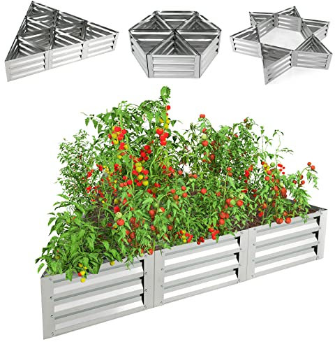 COSTWAY Hochbeet aus verzinktem Metall, 6-teilig, Dreieckiges Pflanzkasten für Garten, Frühbeet mit 1 Paar Handschuhe, für Gemüse Blumen Kräuter, Blumenbeet & Pflanzentrog, Silber, 150x150x30 cm