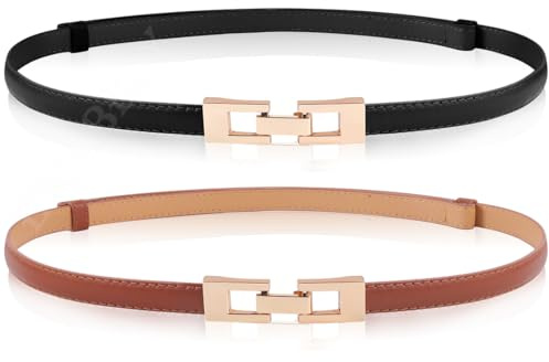 EIOKBECY 2 Pack Women's Skinny Leather Belt, Ladies Adjustable Thin Waist Belts with Gold Buckle Waistband Decorative Belt for Dress Pants Jeans