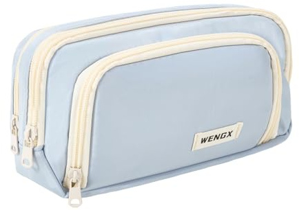 WENGX Large Capacity Pencil Case,Zip Smooth Pencil Pouch for Girls Boys with 4 Compartments Pen Bag Stationery Organizer Office Makeup Bag for Women Men(Pale Blue)