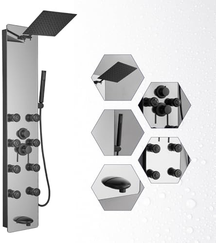 BWE Stainless Steel Shower Panel Tower System,Multi-Function Tempered Glass Shower Panel,Rainfall Shower Head Sprayer 8-Massage Jets with Tub Spout Hand Shower for Home Hotel Resort Split Type Black